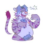 accessory anthro belly big_belly body_hair dialogue fur hair happy_trail headband looking_at_viewer male navel nipples nude null open_mouth overweight overweight_male paw_pose pose purple_body purple_fur purple_hair smile solo stripes tail teeth text tuft x_navel yellow_sclera chocopaws2 felid mammal pantherine tiger digital_media_(artwork) english_text