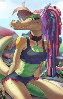 anthro biped breasts clothed clothing collar dreadlocks female looking_at_viewer non-mammal_breasts outside sitting solo kuroame crocodile crocodilian reptile scalie hi_res