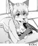 anthro biped bra clothed clothing club_(weapon) costume eating ehomaki female food high-angle_view inside kemono kneeling makizushi melee_weapon oni_costume solo sushi sushi_roll tatami text underwear weapon yosuke7390 setsubun nasuno_(yosuke) canid canine demon fox mammal japanese_text monochrome