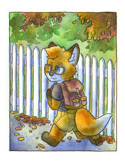 4_toes anthro backpack barefoot biped blue_eyes bottomwear brown_body brown_fur clothed clothing day dipstick_tail eyewear feet fence fully_clothed fur glasses gloves_(marking) inner_ear_fluff leg_markings looking_aside male markings orange_body orange_fur outside shirt shorts socks_(marking) solo tail tail_markings toes topwear tuft walking white_body white_fur astolpho canid canine fox mammal digital_media_(artwork) digital_painting_(artwork) painting_(artwork)