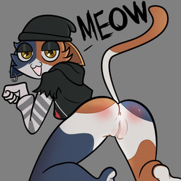 anthro beanie black_clothing black_hoodie black_topwear breasts butt clothing ear_piercing female fur genitals glistening glistening_butt glistening_eyelids grey_background hat headgear headwear hoodie looking_at_viewer looking_back looking_back_at_viewer meow mottled multicolored_body multicolored_fur open_mouth piebald piercing simple_background solo striped_sleeves topwear vulva goatgaby epic_games fortnite meow_skulls calico_cat domestic_cat felid feline felis mammal 1:1 2022 absurd_res digital_media_(artwork) hi_res portrait