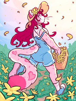 accessory anthro basket blush bottomwear breasts chest_tuft choker clean_diaper clothed clothing container curly_hair diaper diaper_under_clothing dipstick_tail dirt_path female field flower flower_basket flower_field flower_in_hair footwear fur fur_markings furgonomic_bottomwear furgonomic_headwear furgonomics grass hair hair_accessory hat headgear headwear heart_(marking) holding_basket holding_container holding_object jewelry long_hair long_tail looking_back markings necklace off_shoulder one_leg_up outside overalls petals pink_body pink_fur pink_hair pink_nose plant prancing purple_eyes raised_leg rolled_up_sleeves running shirt shoes shortalls sky smile socks solo tail tail_markings topwear tree tuft valley wearing_diaper wide_brim_hat spacefluuuf felid leopard mammal pantherine 3:4 hi_res signature