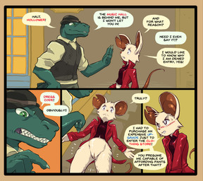 anthro blush bottomless bottomless_anthro bottomless_female bowler_hat clothed clothed_male clothing coat dialogue duo female genitals gesture green_body hand_gesture hat headgear headwear innie_vulva male pointing red_clothing speech_bubble text topwear vest vulva white_body hopful_anomenoe mina_the_hollower yacht_club_games mina_(mina_the_hollower) lizard mammal mouse murid murine reptile rodent scalie comic english_text hi_res