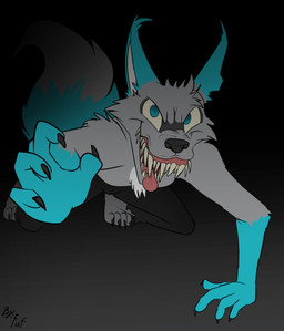 all_fours anthro big_tail biped black_background black_bottomwear black_clothing black_nose black_pants blue_markings bottomwear cheek_tuft chest_tuft claws clothed clothing creepy digitigrade facial_tuft fluffy fluffy_tail fur green_body green_fur looking_at_viewer male markings open_mouth pants reaching_towards_viewer simple_background solo tail toe_claws tongue tongue_out topless topless_male tuft fuf ambiguous_species canid canine mammal 2018 hi_res