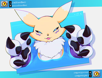 3_fingers ambiguous_gender anthro armwear black_body black_claws black_nose black_pawpads black_sclera blue_background blue_eyes breasts bridal_gauntlets claws clothing countershade_torso countershading digital_space electronics fangs fingers fur fur_markings happy long_ears looking_at_viewer markings monitor motion_lines neck_tuft open_mouth pawpads pink_tongue purple_body purple_clothing purple_fur simple_background smile solo teeth text textured_background tongue tuft website website_logo white_background white_body white_countershading white_fur yellow_body yellow_fur dclaret dclaretxrevolt bandai_namco digimon canid digimon_(species) mammal renamon artist_name colored digital_drawing_(artwork) digital_media_(artwork) shaded url