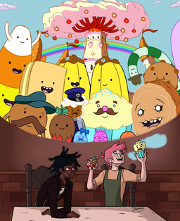 apron banana black_clothing black_jacket black_topwear blue_eyes blue_sky braided_dreads brown_body brown_eyes brown_skin candy candy_cane candy_corn candy_kingdom canon_couple cinnamon_bun clothing cloud cookie cupcake dark_body dark_skin dessert dreadlocks female food fruit green_apron green_clothing group gumdrop_(food) hair jacket male male/male mouth_closed open_mouth pastry pink_body pink_hair pink_skin plant rainbow shirt sky strawberry topwear wafer white_clothing white_shirt white_topwear 10bendog adventure_time cartoon_network fionna_and_cake fionna_and_cake_(franchise) banana_guard candy_cane_guy chocoberry cinnamon_bun_(adventure_time) crunchy_(adventure_time) gumdrop_lass_1 gumdrop_lass_2 james_(adventure_time) marshall_lee mr._cupcake prince_gumball root_beer_guy starchy_(adventure_time) candy_people_(at) food_creature human living_candy mammal 2023 digital_drawing_(artwork) digital_media_(artwork) english_description signature