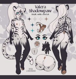 5_fingers anthro anus black_body black_fur blue_eyes breasts clitoris fangs female fingers fluffy fur genitals hair head_fur long_hair long_tail markings navel nipples pose small_breasts solo tail tail_markings teeth ventral_groove vulva white_body white_fur white_hair inkofneon microsoft the_elder_scrolls valera_shadowpaw cheetah felid feline khajiit mammal absurd_res hi_res model_sheet young_(lore)