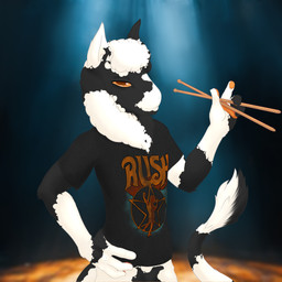 anthro bottomless clothed clothing drumstick_(musical) fanfiction hand_on_hip male shirt shirt_only solo stage stage_lights topwear topwear_only novarraveditoa rush_(band) the_nature_of_predators fan_character venlil_(the_nature_of_predators) 1:1 absurd_res black_and_white hi_res monochrome