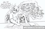 anthro asking asking_self asking_what blah_blah_blah bodily_fluids dialogue duo female husband_and_wife inner_monologue male married_couple partial_speech_bubble question sweat taxes text text_box thought_bubble wings replica_(artist) hasbro my_little_pony mythology nolegs_(oc) summer_scorch bat_pony equid equine mammal mythological_creature mythological_equine pegasus english_text line_art monochrome