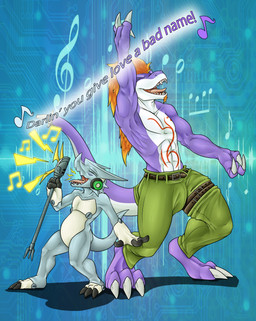 anthro belly belt bottomwear claws clothing dancing duo electronics facial_hair goatee male microphone muscular open_mouth pants paws pecs rock_(genre) singing tail tongue conditional_dnp samagthrav2 bandai_namco digimon grei_(sergeant_stacker) striker_(samagthrav2) digimon_(species) shoutmon strikedramon absurd_res hi_res