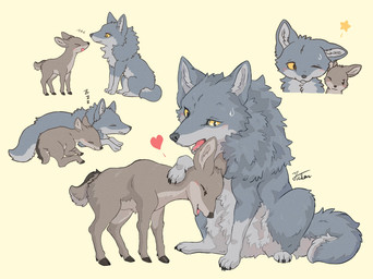ambiguous_gender blush bodily_fluids brown_body brown_fur claws duo eyes_closed feet feral fur grey_body grey_fur heart_symbol hooves multicolored_body one_eye_closed open_mouth predator/prey quadruped simple_background sitting sleeping sound_effects star sweat tongue vowelless vowelless_sound_effect yellow_eyes zzz fusau canid canine canis deer mammal wolf 2026 hi_res