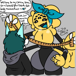 3_fingers 4_arms 8_eyes anthro big_breasts black_clothing black_hoodie black_nose black_topwear blue_body blue_clothing blue_fur blue_kerchief blue_tongue breasts breath clothing dialogue duo fangs female fingers fluffy fluffy_hair fur green_hair hair headgear headgear_only headkerchief headkerchief_only headwear headwear_only hoodie huge_hips imminent_sex kerchief kerchief_only male mostly_nude multi_arm multi_eye multi_limb open_mouth short_hair size_difference small_waist snout speech_bubble tape_measure teeth text thick_thighs tongue topwear white_body white_fur wide_hips yellow_body yellow_fur toni_oni avon_(unsureumbra) sunny_(toni_oni) arachnid arthropod canid canine fox mammal spider 1:1 credits english_text