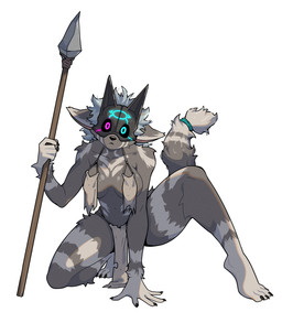 4_toes 5_fingers anthro barefoot bottomwear breasts claws clothed clothed_anthro clothed_female clothing feet female finger_claws fingers front_view fur grey_body grey_fur grey_hair grey_tail hair heterochromia holding_melee_weapon holding_object holding_polearm holding_spear holding_weapon loincloth looking_at_viewer mask melee_weapon navel paws plantigrade polearm simple_background solo spear tail toe_claws toes weapon white_background nulia canid canine canis mammal wolf 2024 digital_media_(artwork) hi_res