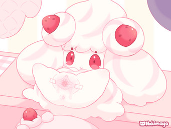 anthro anus bodily_fluids clitoral_hood clitoris female food fruit genital_fluids genitals lying on_back pink_anus pink_vulva plant pseudo_clothing pseudo_hair red_eyes smile smiling_at_viewer solo spread_legs spread_vulva spreading strawberry tan_body tape urethra vaginal_fluids vulva vulva_spreading_tape nakimayo nintendo pokemon alcremie generation_8_pokemon pokemon_(species) strawberry_sweet_alcremie vanilla_cream_alcremie 4:3 digital_drawing_(artwork) digital_media_(artwork) hi_res