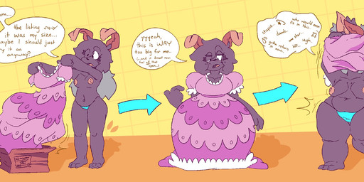 antennae_(anatomy) anthro areola biped box breasts cardboard cardboard_box clothing container directional_arrow dress dressing female geometric_background grid_background holding_clothing holding_dress holding_object navel nipples oblivious panties pattern_background pink_clothing pink_dress sequential_arrow shadow simple_background solo speech_bubble standing talking_to_self text three_frame_sequence transformation transformation_sequence transformative_clothing unaware_transformation underwear undressing weight_gain raewtf moth_(raewtf) arthropod insect lepidopteran moth english_text hi_res