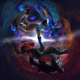 anthro black_body black_fur blue_body blue_fur blue_horn blue_nails blue_paws blue_visor colored_nails cosmic_background cosmic_horns darkness detailed_background digitigrade duo falling_star floating fur galaxy hand_holding horn in_space jet_pack looking_at_another machine male nails nebula red_horn red_nails red_visor serious_face space spinning star visor yin_yang 2001maxx conditional_dnp infex_(similarsquid) protogen 1:1 absurd_res hi_res shaded