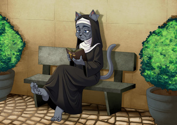 anthro bench bible_(object) blue_eyes book candid clothing elderly feet female foot_fetish fur grey_body grey_fur nun nun_outfit plant plant_pot plantigrade potted_plant reading reading_book robe solo tail whiskers wrinkled_feet wrinkles cyborg-steve on_your_tail angelica_(on_your_tail) animal_humanoid cat_humanoid domestic_cat felid felid_humanoid feline feline_humanoid felis humanoid mammal mammal_humanoid hi_res