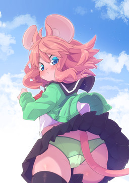 anthro big_ears big_eyes biped blue_eyes blue_sky blush bottomwear butt camel_toe clothed clothing cloud female fur hair kemono legwear looking_at_viewer looking_back low-angle_view outside panties pink_body pink_fur pink_hair pink_nose rear_view school_uniform skirt sky solo stockings underwear uniform upskirt wind youki029 mouse_girl_(youki029) mammal mouse murid murine rodent hi_res