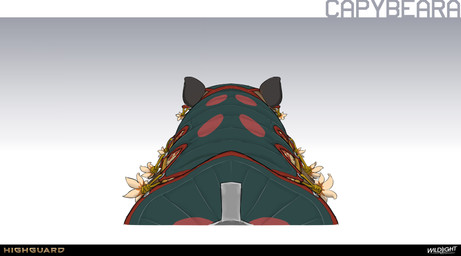 ambiguous_feral ambiguous_gender armor black_ears clothing feral flower gradient_background green_armor green_clothing green_headwear headgear headwear light plant rear_view simple_background solo tan_flower text nicholas_patrick_kelana highguard_(game) bear capybeara_(highguard) caviid mammal rodent ursine 2026 absurd_res colored concept_art digital_drawing_(artwork) digital_media_(artwork) english_description english_text hi_res lighting official_art shaded