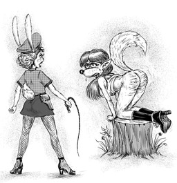 all_fours anthro bodily_fluids boots bottomless butt clothed clothing crying dominant dominant_anthro dominant_female duo female female/female flower footwear hair hat headgear headwear high_heeled_boots high_heels holster humanoid_pointy_ears legwear long_hair open_mouth panties panties_around_ankles panties_down partially_clothed plant pointy_ears police police_uniform predator/prey presenting presenting_hindquarters raised_tail shoes simple_background stockings submissive submissive_anthro submissive_female tail tears topwear tree_stump underwear underwear_down uniform whip whip_mark white_background gesperax canid canine fox lagomorph leporid mammal rabbit hi_res monochrome