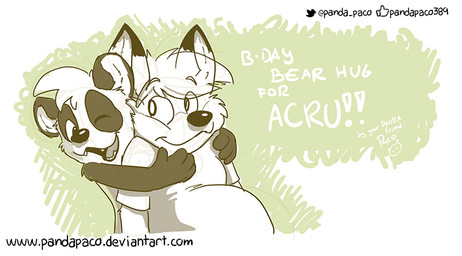 abstract_background anthro belly big_belly closed_smile clothed clothing dipstick_ears duo ear_markings fangs glistening glistening_nose hair hug hugging_another hugging_from_behind male mouth_closed multicolored_ears one_eye_closed open_mouth open_smile overweight overweight_anthro overweight_male shirt short_hair smile t-shirt teeth text topwear young young_anthro young_male pandapaco acrufox parinton bear canid canine fox giant_panda mammal partially_colored url
