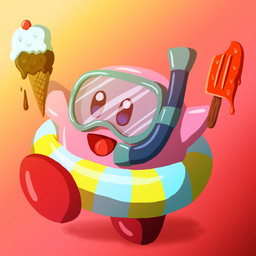 :d ambiguous_gender bald cherry cone dessert food fruit happy headgear ice_cream ice_cream_cone inflatable melting_ice_cream not_furry open_mouth plant pool_float popsicle smile snorkel solo tongue ravencourse kirby_(series) nintendo kirby alien waddling_head 1:1 2019 hi_res