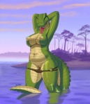 anthro areola arms_bent big_breasts bikini bikini_down breasts clothed clothing clothing_ring curvy_figure detailed_background fangs female genitals glistening glistening_body green_body green_eyes green_scales green_sclera hands_behind_head lake legs_in_water looking_at_viewer nature navel nipples non-mammal_breasts o-ring o-ring_bikini o-ring_bikini_bottom o-ring_swimwear open_mouth outside partially_clothed partially_submerged plant pussy raised_arms ring_(hardware) scales sharp_teeth slightly_chubby smile solo squish standing standing_in_water submerged_legs submerged_tail swimwear swimwear_down tail tail_in_water tail_out_of_water tan_body tan_scales teeth thick_tail thick_thighs thigh_squish tongue tongue_out topless tree two-piece_swimsuit voluptuous water wet white_nipples wide_hips siyah delfina alligator alligatorid crocodilian reptile scalie 2015