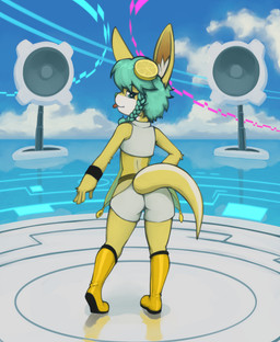 anthro blep boots clothed clothing detailed_background footwear fur hair looking_at_viewer looking_back looking_back_at_viewer male outside rear_view sea shoes solo stage teal_hair tongue tongue_out water yellow_body yellow_fur marsminer 2022 hi_res