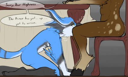 anthro beak beak_fetish beak_play beak_sex beakjob bodily_fluids cum cum_in_mouth cum_inside drinking drinking_cum duo feathers fellatio genital_fluids hooves interspecies kneeling male male/male oral penile royalty sex sitting stealth_sex text under_table sarek_aran_desian mythology atreyu avian equid equine gryphon horse mammal mythological_avian mythological_creature english_text hi_res