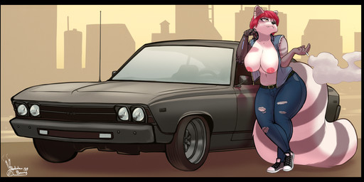 5_fingers anthro areola arm_support belt biped black_border border bottomwear breasts car cigarette city cityscape clothed clothing crossed_legs denim denim_bottomwear denim_clothing ear_piercing erect_nipples exposed_breasts fangs female fingers footwear hair industrial_piercing jeans leaning leaning_on_elbow markings navel nipples open_clothing open_shirt open_topwear open_vest owo pants piercing prosthetic prosthetic_arm prosthetic_limb red_hair ring_(marking) ringed_tail shirt shoes short_hair sleeveless_clothing smoke smoking sneakers solo standing striped_markings striped_tail stripes tail tail_markings teeth thick_thighs topwear torn_bottomwear torn_clothing torn_jeans torn_pants vehicle vest wide_hips yellow_eyes shakotanbunny chevelle chevrolet raspberry_(jakkid13) mammal procyonid raccoon 2020 absurd_res hi_res signature