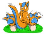 anthro biped blue_eyes blue_hair blue_markings blue_pawpads blue_tongue claws feet foot_focus front_view fur grass hair human_to_anthro legs_together male markings membrane_(anatomy) mid_transformation motion_lines nude orange_body orange_fur otter_tail pawpads plant plantigrade simple_background sitting sitting_on_ground smile solo species_transformation tail tail_between_legs text toe_claws toe_wiggle toes tongue tongue_out transformation tuft webbed_feet white_background fox0808 dustyfoxy canid mammal 2012 colored english_text