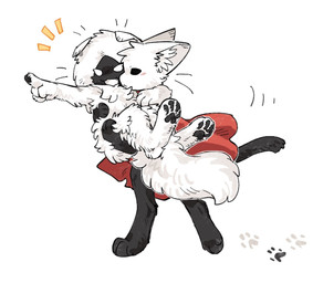 ambiguous_gender anthro biped black_body black_eyes black_fur cloak clothing duo empty_eyes fluffy fluffy_tail fur gesture hand_gesture holding_another inner_ear_fluff motion_lines mouth_closed open_mouth open_smile pawpads paws pointing red_cloak red_clothing red_tail simple_background smile standing tail tongue tuft white_background white_body white_eyes white_fur white_tongue aaasakawa hollow_knight:_silksong hollow_knight_(franchise) team_cherry hornet_(hollow_knight) lace_(hollow_knight:_silksong) canid canine mammal 2026 hi_res female_(lore)