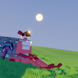 anthro eyes_closed fur grass happy machine male outside pickaxe_(minecraft) plant red_body red_fur relaxing sky solo sun spectrallime microsoft minecraft mojang xbox_game_studios protogen 1:1 3d_(artwork) digital_media_(artwork) hi_res
