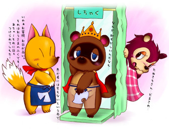 anthro blush chibi clothing female freckles group male text translucent translucent_clothing trio enorapi animal_crossing nintendo crazy_redd sable_able tom_nook_(animal_crossing) canid canine eulipotyphlan fox hedgehog mammal raccoon_dog tanuki translation_request