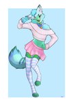 anthro bell bell_collar blep blue_background blue_body blue_fur clothed clothing collar dipstick_ears ear_markings femboy fur gesture green_body green_fur hand_gesture head_tuft legwear looking_at_viewer male midriff multicolored_ears navel one_eye_closed simple_background solo thigh_highs tongue tongue_out tuft v_sign wink ddgio canid canine fox mammal 2022 digital_media_(artwork) hi_res