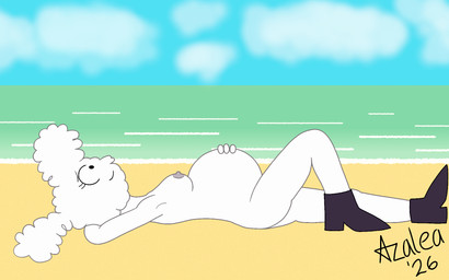 beach belly big_belly breasts cloud female nipples nude nude_beach outside pregnant sand sea seaside sky solo water white_body flamingazalea cartoon_network regular_show cloudy_jay 16:10 digital_media_(artwork) hi_res widescreen