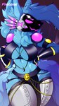 9:16 absurd_res anthro blue_body blue_fur breasts clothed clothing dress female fluffy fur hair hi_res hollow_hip_backless_chain_dress long_ears long_hair machine meme meme_clothing pinup plecopsar pose protogen shaded simple_background slim solo standing thick_thighs visor wide_hips