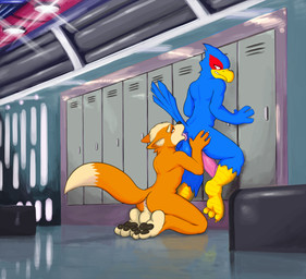 3_toes anal anthro anthro_on_anthro anus backsack balls beak big_penis black_pawpads blue_body blue_feathers butt detailed_background dipstick_tail duo erection feathers feet genitals indoor_nudity indoor_sex inside interspecies kneeling licking locker locker_room male male/male male_penetrated male_penetrating male_penetrating_male markings multicolored_tail nude on_ground oral pawpads penetration penis rimming sex tail tail_feathers tail_markings toes tongue tongue_out daftpatriot nintendo star_fox falco_lombardi fox_mccloud avian bird canid canine fox mammal 2015 digital_media_(artwork)