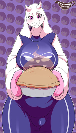 anthro big_breasts breasts clothed clothed_anthro clothed_female clothing curvy_figure dessert female female_anthro food front_view fur holding_food holding_object horn long_ears looking_at_viewer mature_anthro mature_female pastry pattern_background pie simple_background slightly_chubby solo voluptuous white_body white_fur wide_hips creamygravy undertale undertale_(series) frisk_(undertale) toriel boss_monster_(undertale) bovid caprine mammal 2015 4:7 absurd_res digital_media_(artwork) hi_res