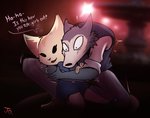 aggretsuko anthro beastars black_nose blue_clothing blue_dress blurred_background bottomwear bright canid canine canis cheek_tuft clothed clothing crossover dark dialogue dress duo embrace english_text eyelashes facial_tuft female fennec_fox fenneko fox fully_clothed fur grey_body grey_fur hug hunched_over josephtl kneeling larger_male legoshi_(beastars) light male male/female mammal multicolored_body multicolored_fur open_mouth open_smile outside pants sanrio shaking shirt shoulder_grab size_difference smaller_female smile snout tan_body tan_fur text topwear true_fox tuft two_tone_body two_tone_fur vest wide_eyed wolf