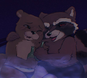 anthro briefs brown_body brown_fur bulge clothing duo fur hot_tub male male/male partially_submerged speedo swimwear underwear water freakpaws guardians_of_the_galaxy marvel rocket_raccoon mammal mustelid otter procyonid raccoon hi_res