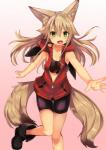 2_tails blonde_hair bottomwear brown_hair clothing female fox_tail green_eyes hair long_hair looking_at_viewer multi_tail shorts simple_background solo spandex spandex_shorts tail tight_bottomwear tight_clothing tight_shorts white_background konozawa kokonoe_tsubaki animal_humanoid canid canid_humanoid canine canine_humanoid fox fox_humanoid humanoid mammal mammal_humanoid hi_res