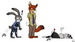 anthro barefoot bottomwear brown_body brown_fur clothed clothing ear_markings exclamation_point facial_markings feet female fully_clothed fur grey_body grey_fur group head_markings male markings necktie on_ground pants shirt simple_background standing topwear tranquilizer white_background ggchristian disney zootopia jack_savage judy_hopps nick_wilde canid canine fox lagomorph leporid mammal rabbit red_fox true_fox 2018