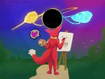 anthro black_hole drawing forest heart_symbol kerchief looking_away male outside plant red_body solo sun tail text tree rockpankake canid canine fox mammal red_fox true_fox 2025 4:3 digital_media_(artwork) english_text hi_res