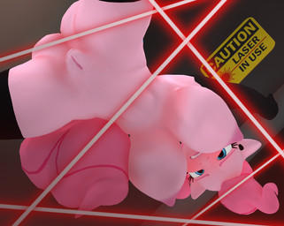 anthro anthrofied big_breasts black_clothing blue_eyes blush breasts butt butt_from_the_front clothing eyelashes female genitals hair laser legwear mostly_nude nipples pink_body pink_hair pupils solo spread_legs spreading text thigh_highs vulva white_sclera purplefondue friendship_is_magic hasbro my_little_pony pinkie_pie_(mlp) equid equine mammal 3d_(artwork) digital_media_(artwork) hi_res
