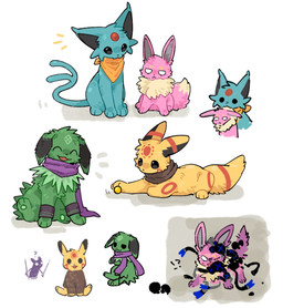alternate_color ambiguous_gender black_nose blue_body empty_eyes exclamation_point eyes_closed feral fluffy fluffy_tail forehead_gem gem green_body group kerchief looking_at_another markings neck_tuft one_eye_closed open_mouth open_smile pawpads paws pink_body quadruped question_mark red_gem scarf sitting smile tail tuft white_eyes yellow_body aaasakawa nintendo pokemon rain_world videocult five_pebbles_(rain_world) saint_(rain_world) eevee eeveelution espeon generation_1_pokemon generation_2_pokemon generation_6_pokemon jolteon pokemon_(species) slugcat sylveon umbreon 2026 crossover hi_res