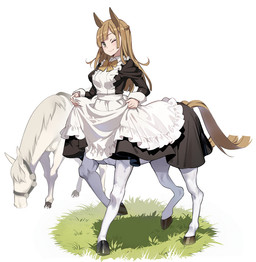 animal_ears apron black_clothing black_dress breasts clothed clothed_female clothed_taur clothing clothing_lift dress dress_lift female feral fur hair hooves light_body light_skin long_hair maid_uniform medium_breasts quadruped tail taur_clothing uniform white_apron white_body white_clothing white_fur nyoro european_mythology greek_mythology mythology centaur equid equid_taur humanoid_taur mammal mammal_taur taur