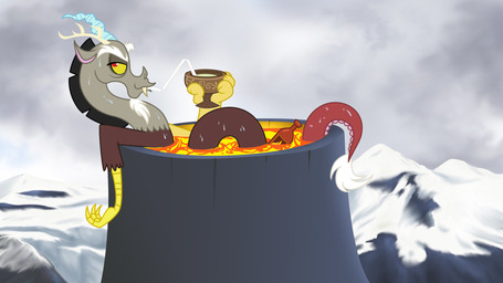antlers bath beard facial_hair horn lava male partially_submerged simple_background solo water icelion87 friendship_is_magic hasbro my_little_pony discord_(mlp) chimera draconequus 16:9 2014 hi_res widescreen