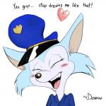 anthro blush clothing dialogue eyes_closed hat headgear headwear heart_symbol laugh police police_officer smile solo teeth text tongue dawmino patrol_03 carmen_(patrol_03) arctic_fox canid canine fox mammal true_fox 1:1 digital_media_(artwork) english_text hi_res