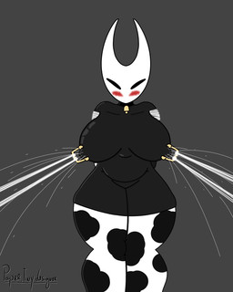 2_horns arms_tied biped black_eyes blush bodily_fluids bound breast_milking cow_outfit female grey_background horn lactating milk nipple_piercing nipples piercing silk simple_background solo standing text paper_the_tiny_designer hollow_knight_(franchise) team_cherry hornet_(hollow_knight) arthropod absurd_res artist_name digital_media_(artwork) english_text hi_res